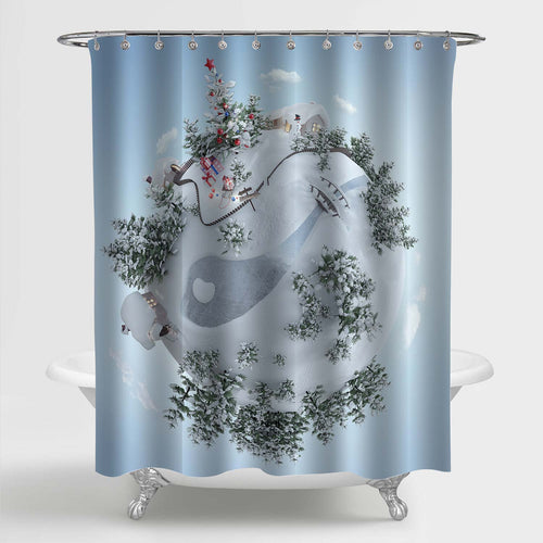 Christmas Planet with Christmas Tree Near the Frosty Road Shower Curtain