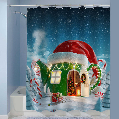 Fairy Teapot House Decorated with Red Elfs Hat in Magical Forest Shower Curtain