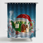 Fairy Teapot House Decorated with Red Elfs Hat in Magical Forest Shower Curtain