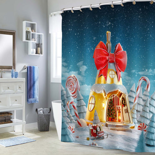 Christmas Bell Shaped House with Red Ribbon and Lights Shower Curtain