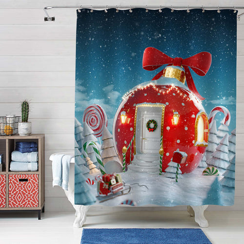 Christmas Bauble Shaped House with Red Ribbon and Lights in Snowy Forest Shower Curtain