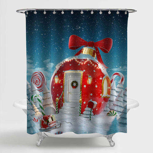 Christmas Bauble Shaped House with Red Ribbon and Lights in Snowy Forest Shower Curtain