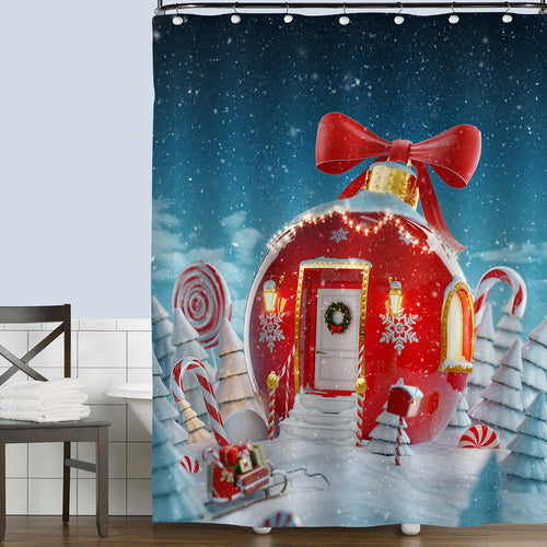 Christmas Bauble House with Ribbon and Lights in Winter Snowy Forest Shower Curtain