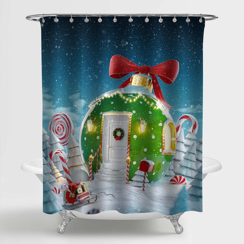 Christmas Bauble House with Ribbon and Light in Magical Forest Shower Curtain