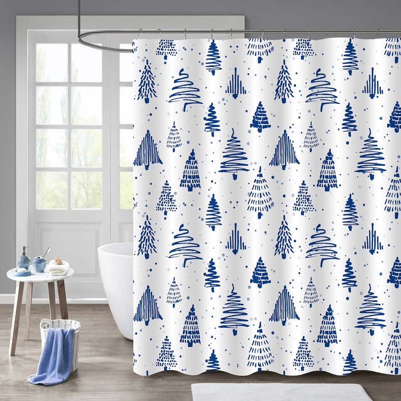 Hand Drawn Doodle Christmas Tree Shower Curtain, Blue