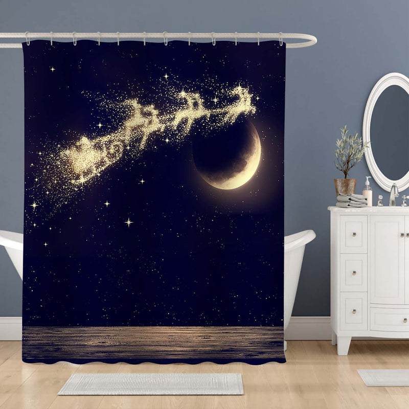Christmas Santa Flying on Night Sky Over Moon Shower Curtian - Dark Blue Gold