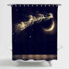 Christmas Santa Flying on Night Sky Over Moon Shower Curtian - Dark Blue Gold