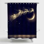 Christmas Santa Flying on Night Sky Over Moon Shower Curtian - Dark Blue Gold