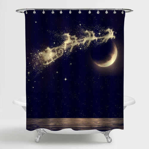 Christmas Santa Flying on Night Sky Over Moon Shower Curtian - Dark Blue Gold