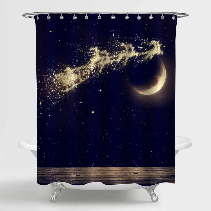 Christmas Santa Flying on Night Sky Over Moon Shower Curtian - Dark Blue Gold