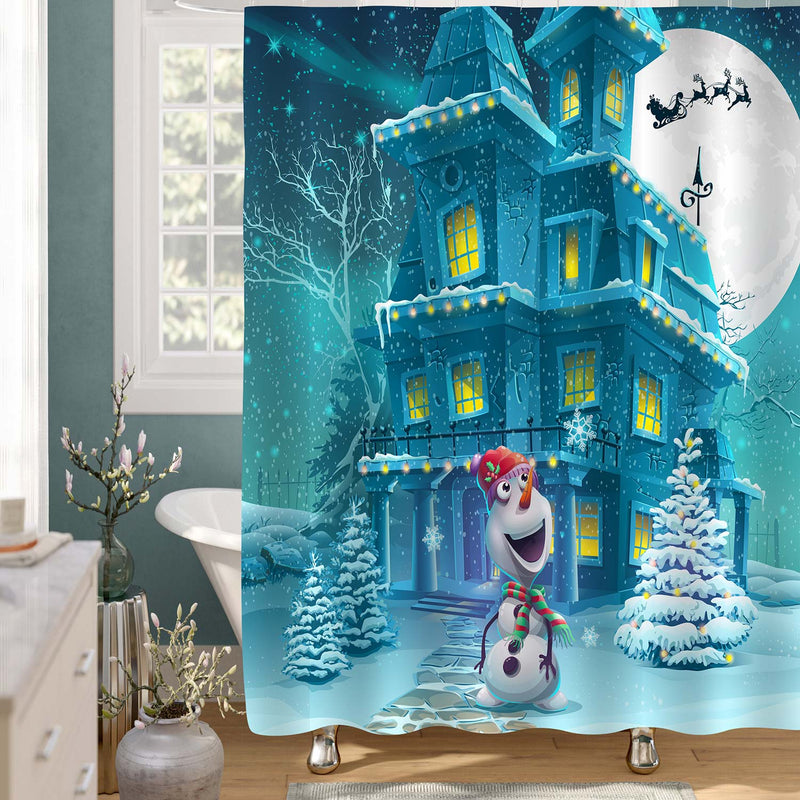 Christmas Landscape House with a Snowman Shower Curtain - Blue