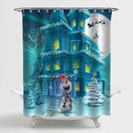 Christmas Landscape House with a Snowman Shower Curtain - Blue