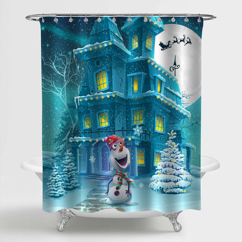 Christmas Landscape House with a Snowman Shower Curtain - Blue