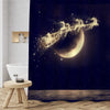 Glitter Silhouette of Flying Santa Claus and Sleigh and Reindeer with Full Moon Shower Curtain - Dark Blue Gold