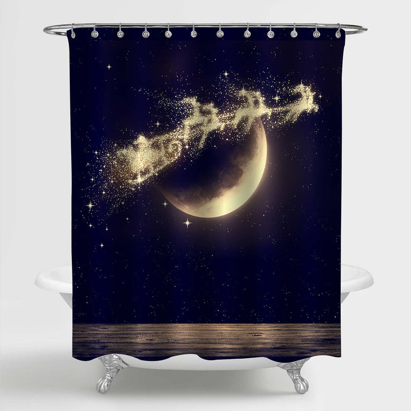 Glitter Silhouette of Flying Santa Claus and Sleigh and Reindeer with Full Moon Shower Curtain - Dark Blue Gold