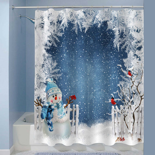 Christmas Landscape with a Snowman Shower Curtain - Blue White