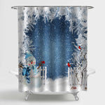 Christmas Landscape with a Snowman Shower Curtain - Blue White