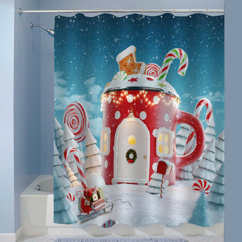 Christmas Mug Shaped House Docorated with Sweets and Lights Shower Curtain