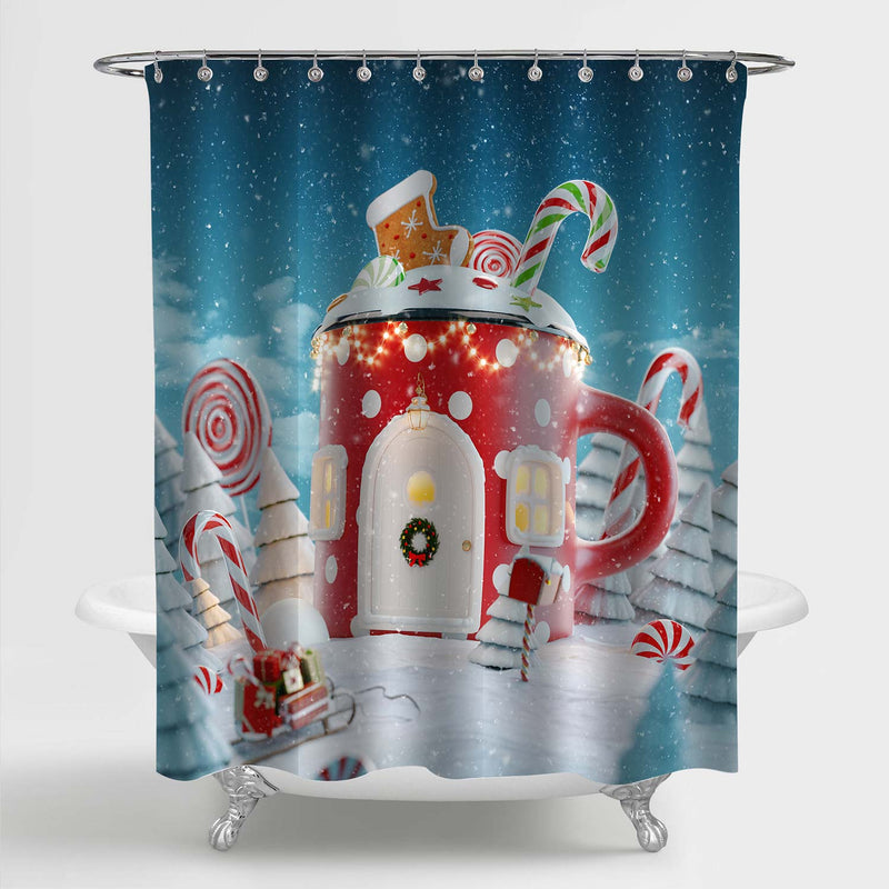 Christmas Mug Shaped House Docorated with Sweets and Lights Shower Curtain