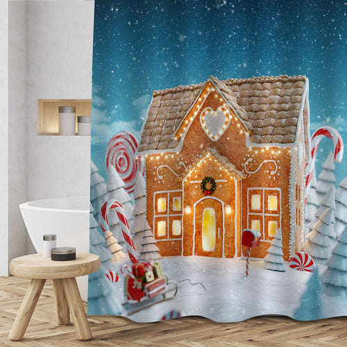 Gingerbread House with Christmas Light in Magical Snowy Forest Shower Curtain