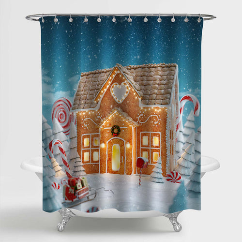 Gingerbread House with Christmas Light in Magical Snowy Forest Shower Curtain