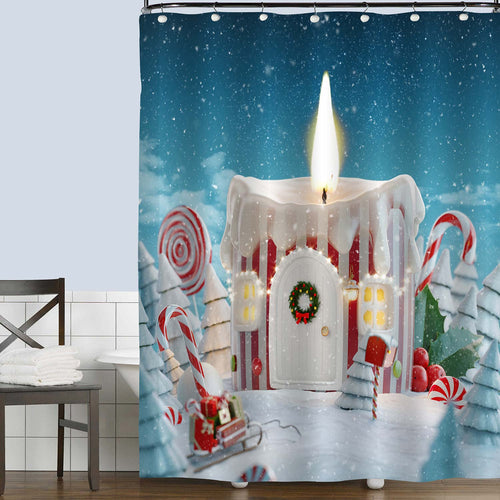 Christmas Candle Shaped House in Magical Snowy Forest Shower Curtain