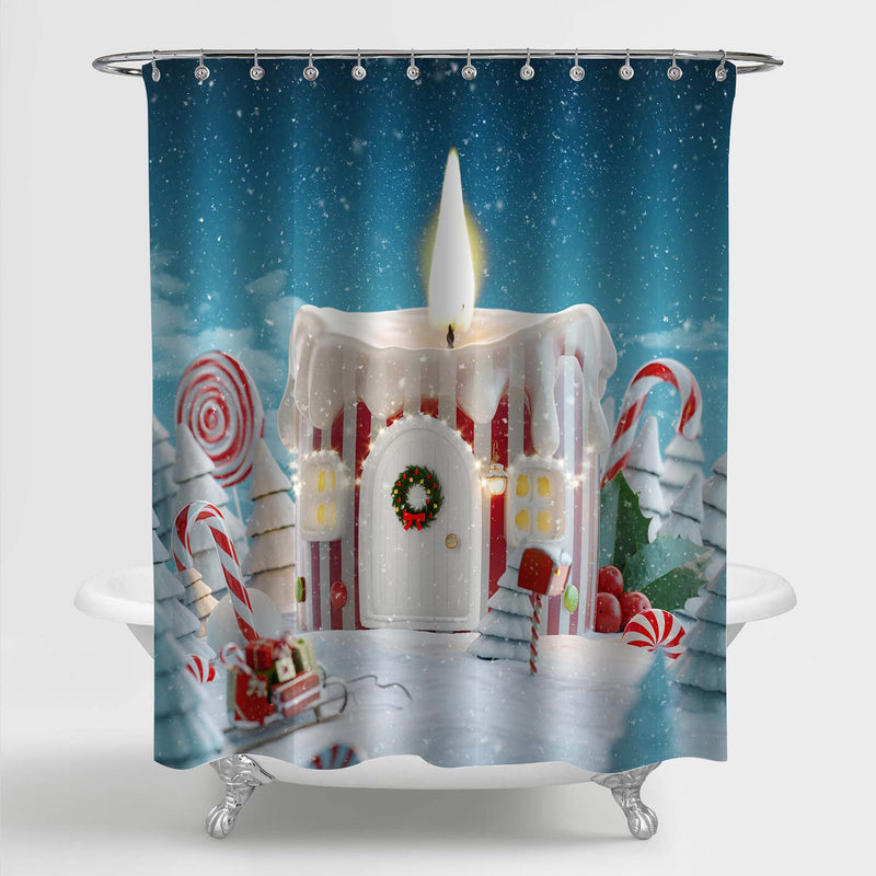 Christmas Candle Shaped House in Magical Snowy Forest Shower Curtain