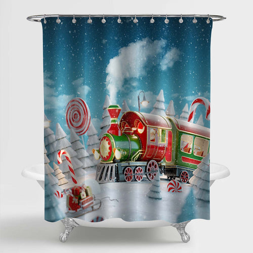 Fairy Santa's Train in a Magical Snowy Forest with Candy Canes Shower Crutain