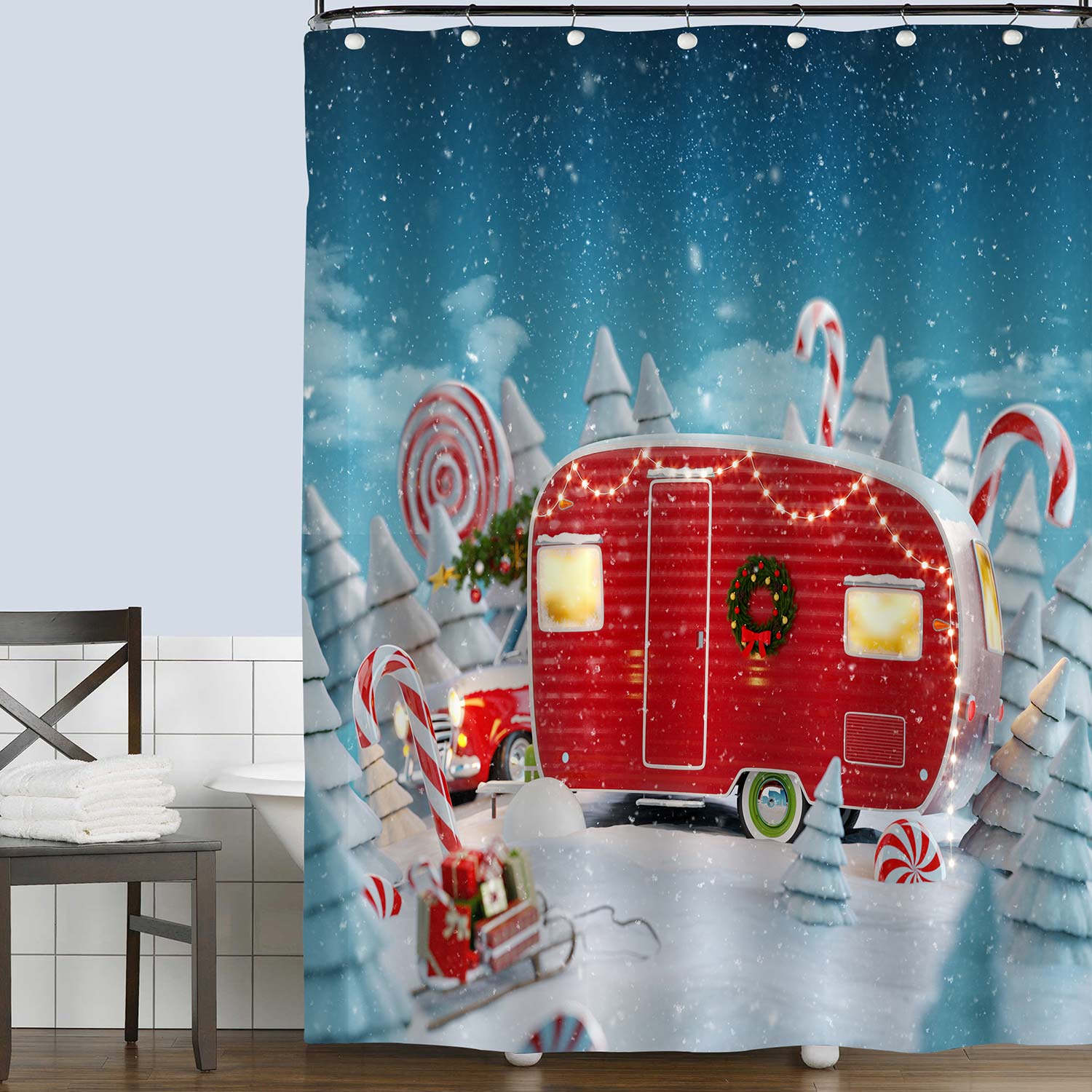 Santa S Christmas Red Camper With Lightsin A Magical Forest Shower Curtain Mitovilla