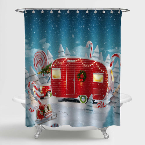 Santa's Christmas Red Camper with Lightsin a Magical Forest Shower Curtain