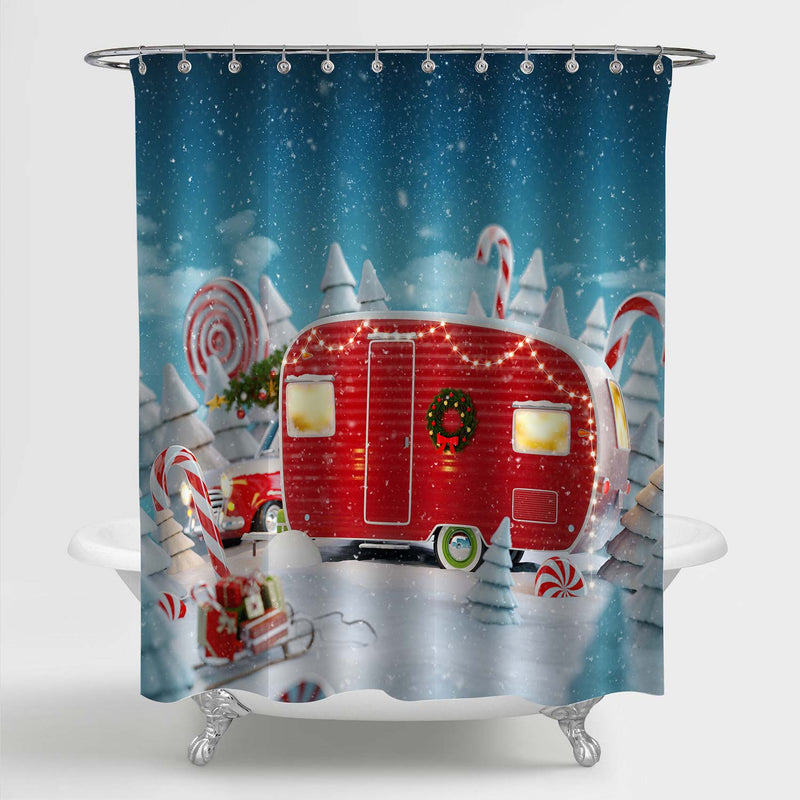 Santa's Christmas Red Camper with Lightsin a Magical Forest Shower Curtain