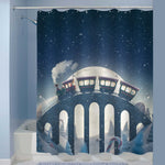 Santa's Christmas Train Goes by a Bridge in North Pole Shower Curtain - Dark Blue
