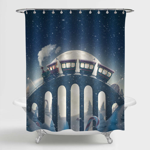 Santa's Christmas Train Goes by a Bridge in North Pole Shower Curtain - Dark Blue