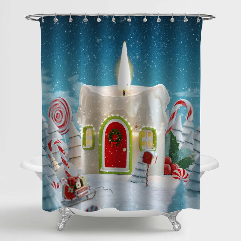 Christmas Candle Shaped House with Xmas Light in Winter Forest Shower Curtain