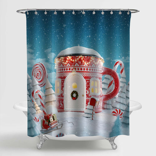 Christmas Mug Shaped House in Winter Forest Shower Curtain