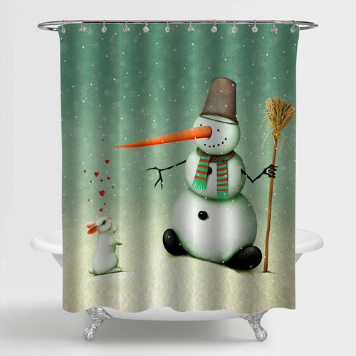 Snowman and Lovely White Rabbit and Hearts Shower Curtain - Green