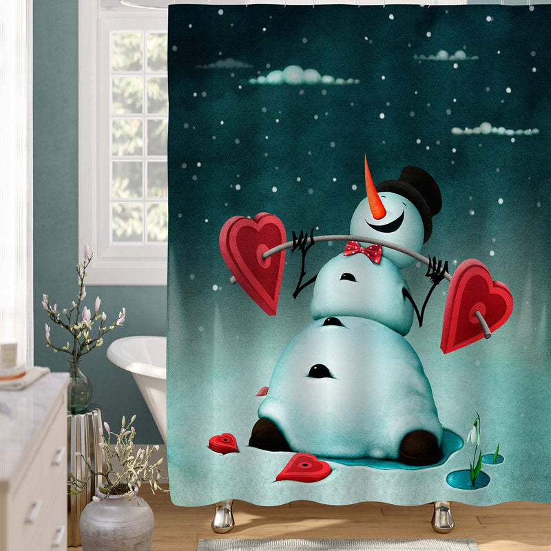 Snowman with Barbell in Form of Hear Shower Curtain - Green Red