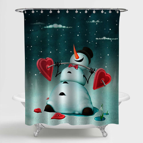 Snowman with Barbell in Form of Hear Shower Curtain - Green Red