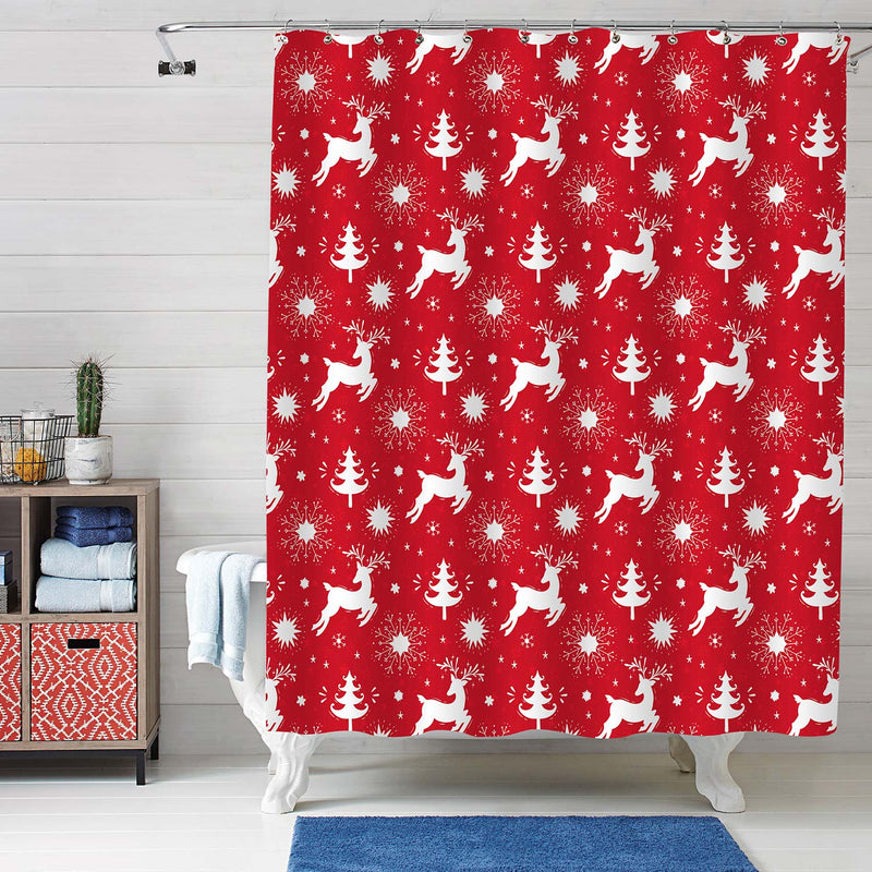 Holiday Pattern of Christmas Reindeer, Xmas Trees, Snowflakes, Star Shower Curtain - Red White