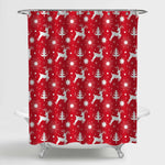 Holiday Pattern of Christmas Reindeer, Xmas Trees, Snowflakes, Star Shower Curtain - Red White