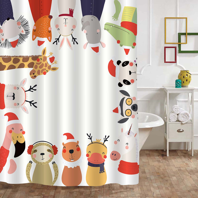 Cartoon Animals in Santa Claus Hats Shower Curtain - Multicolor