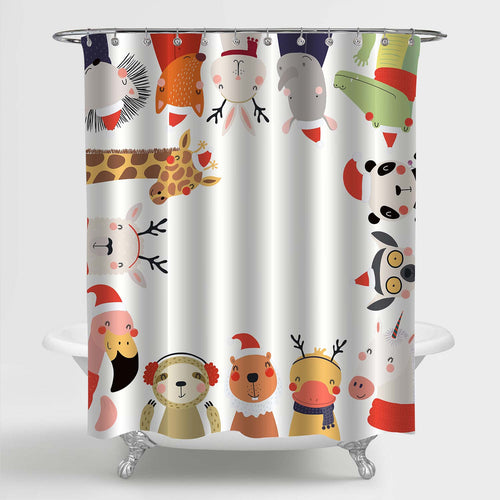 Cartoon Animals in Santa Claus Hats Shower Curtain - Multicolor