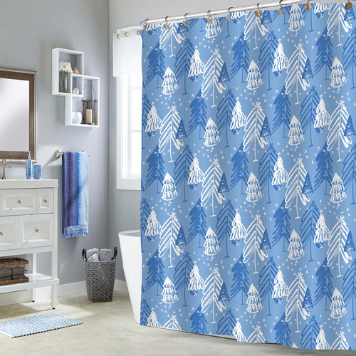 Freehand Sketch Christmas Fir Tree Silhouettes Shower Curtrain - Light Blue
