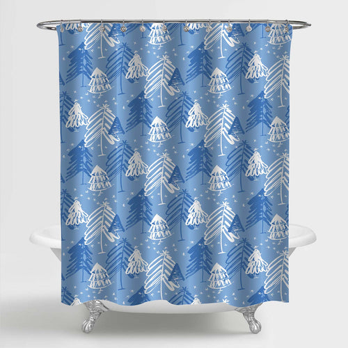 Freehand Sketch Christmas Fir Tree Silhouettes Shower Curtrain - Light Blue