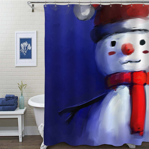 Oil Painting Christmas Snowman Shower Curtain - Dark Blue White