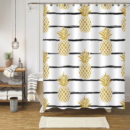 Gold Pineapple with Black Striped Background Shower Curtain