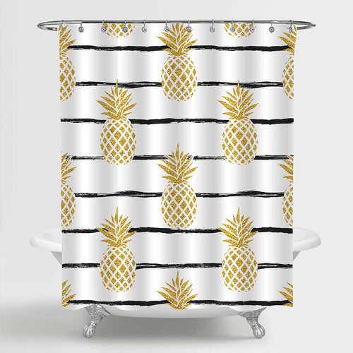 Gold Pineapple with Black Striped Background Shower Curtain