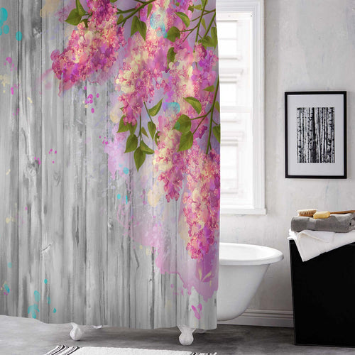 Watercolor Drawing Pink Lilac and Grey Wooden Backdrop Shower Curtain