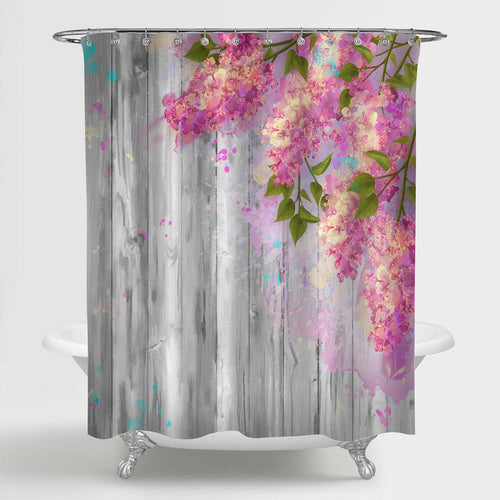 Watercolor Drawing Pink Lilac and Grey Wooden Backdrop Shower Curtain